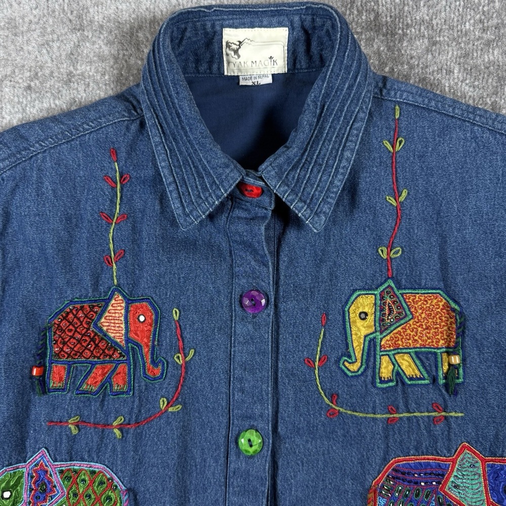 Yak Magik Jacket Women's XL Blue Button Up Embroidered Beaded Elephants Art